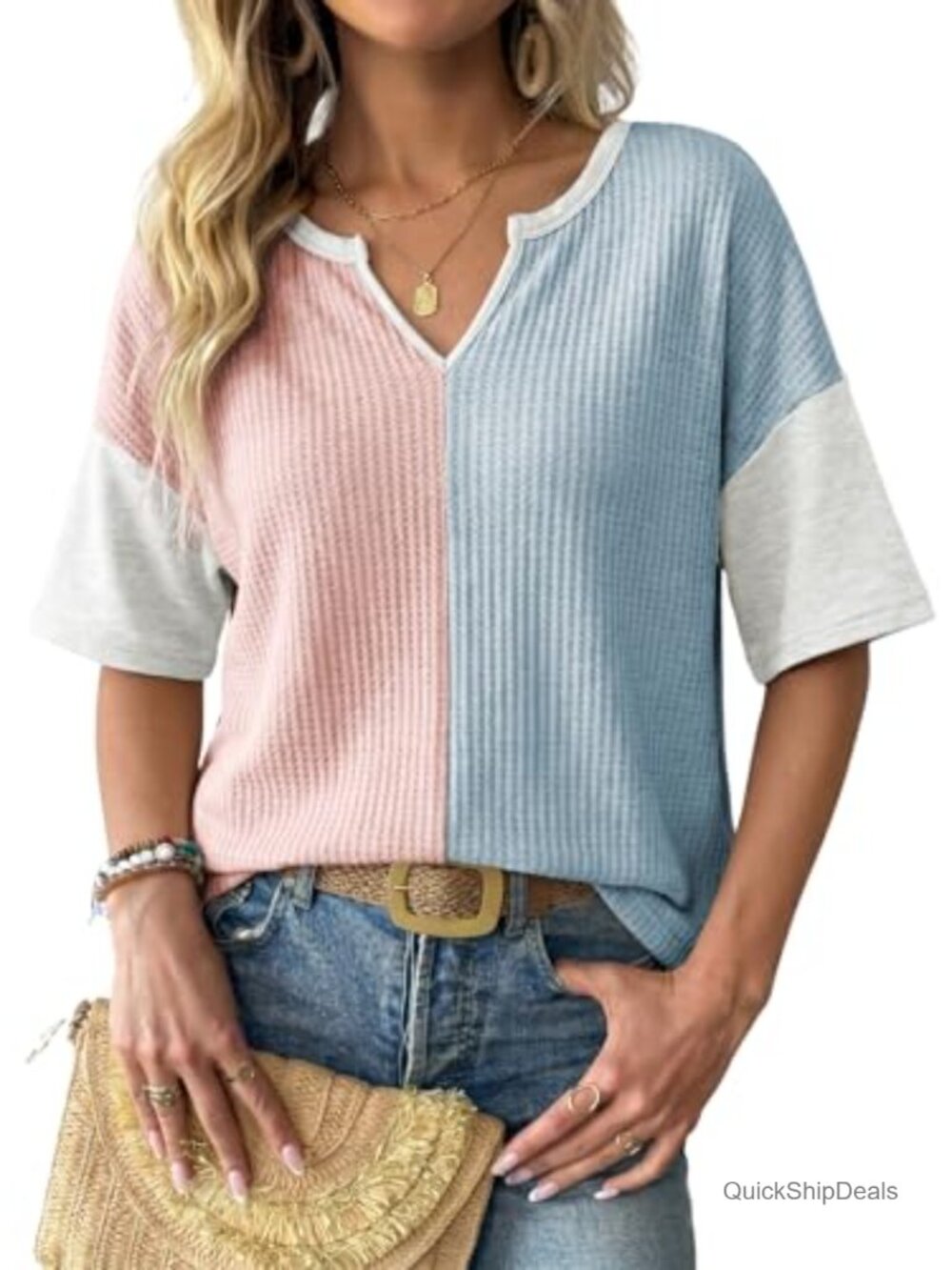 Womens Waffle Knit Tunic Top Colorblock V-Neck Half Sleeve Loose Fit